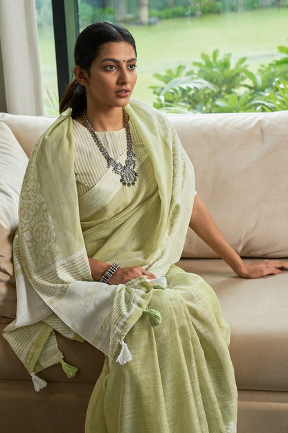 Olive Light Green Linen Saree With Weaving Work