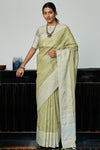 Olive Light Green Linen Saree With Weaving Work
