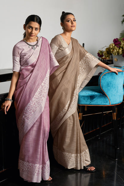 Blush Pink Linen Saree With Weaving Work