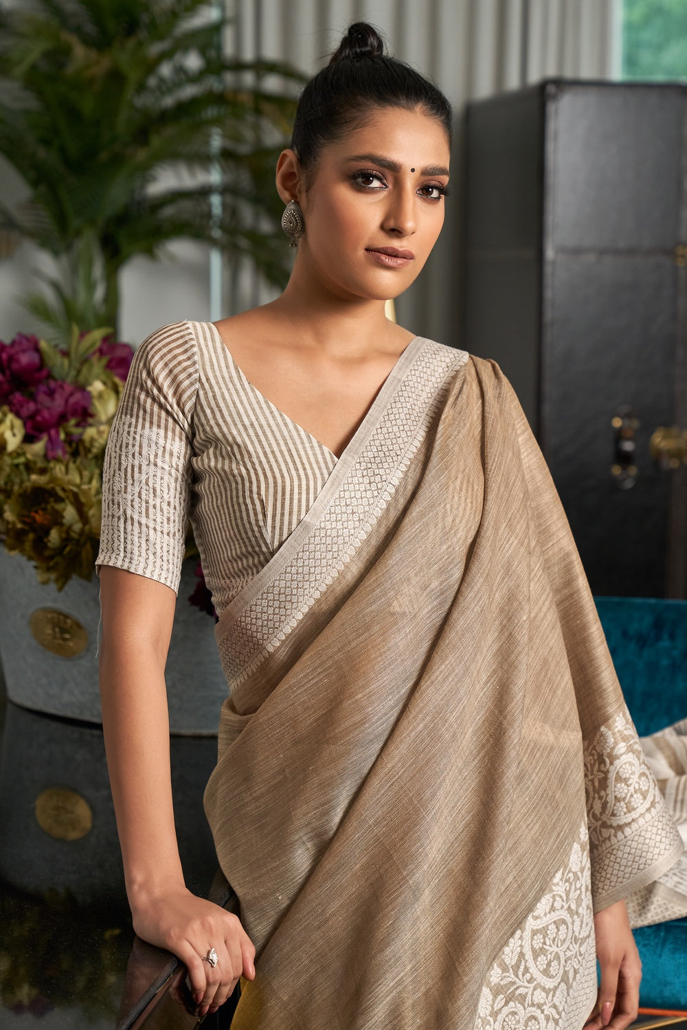 Light Brown Linen Saree With Weaving Work