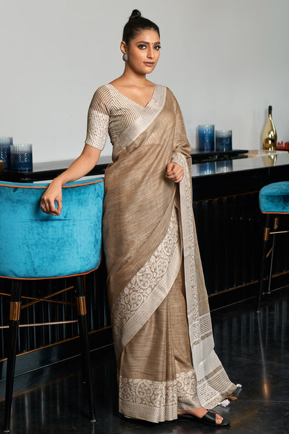 Light Brown Linen Saree With Weaving Work