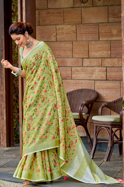 Light Green Linen Saree With Embroidery Work