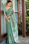 Sea Green Linen Saree With Embroidery Work
