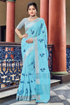 Sky Blue Linen Saree With Weaving Work