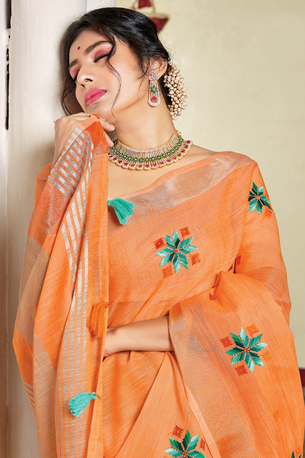 Orange Linen Saree With Weaving Work