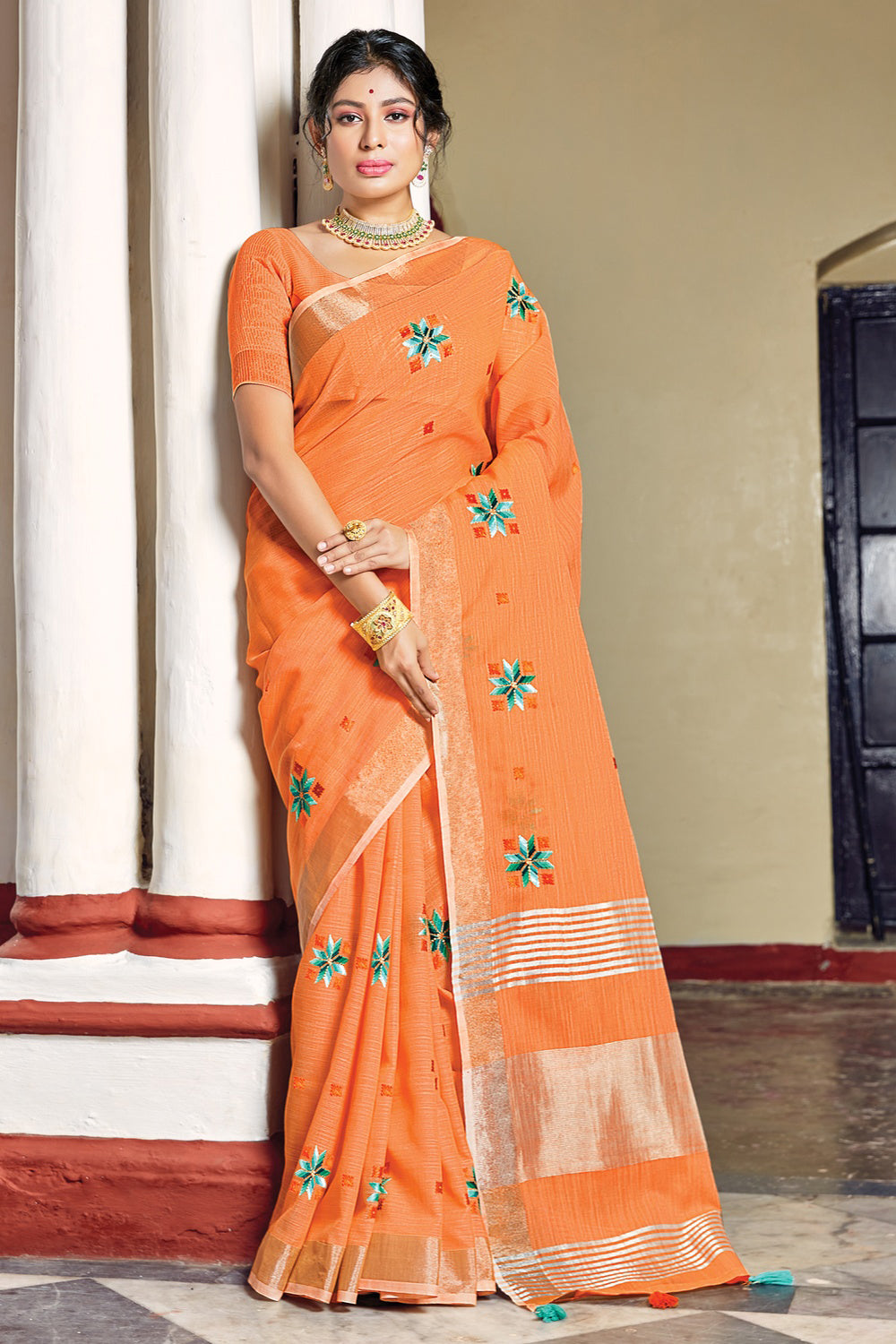 Orange Linen Saree With Weaving Work