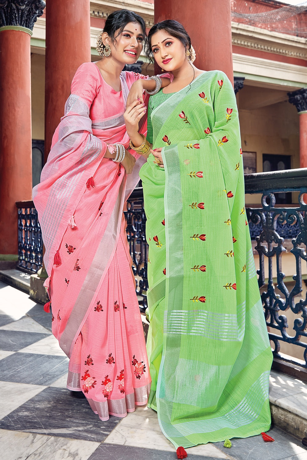 Parrot Green Linen Saree With Weaving Work