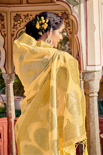 Yellow Linen Saree With Weaving Work