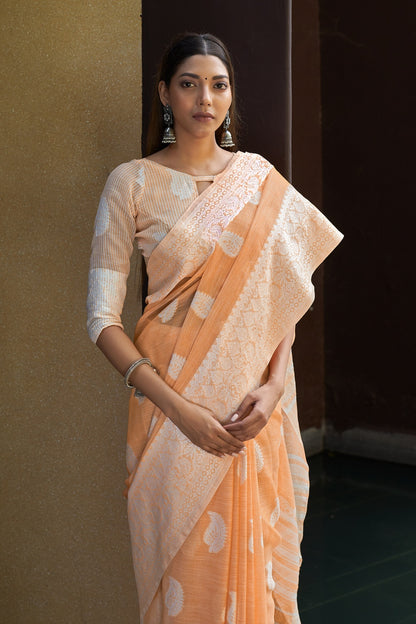 Light Orange Linen Saree With Weaving Work