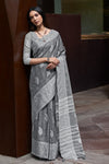 Grey Linen Saree With Weaving Work