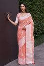 Peach Linen Saree With Weaving Work