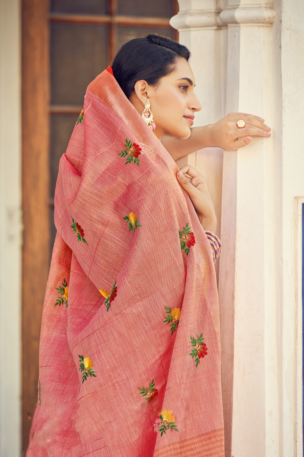 Peach Linen Saree With Weaving &amp; Embroidery Work
