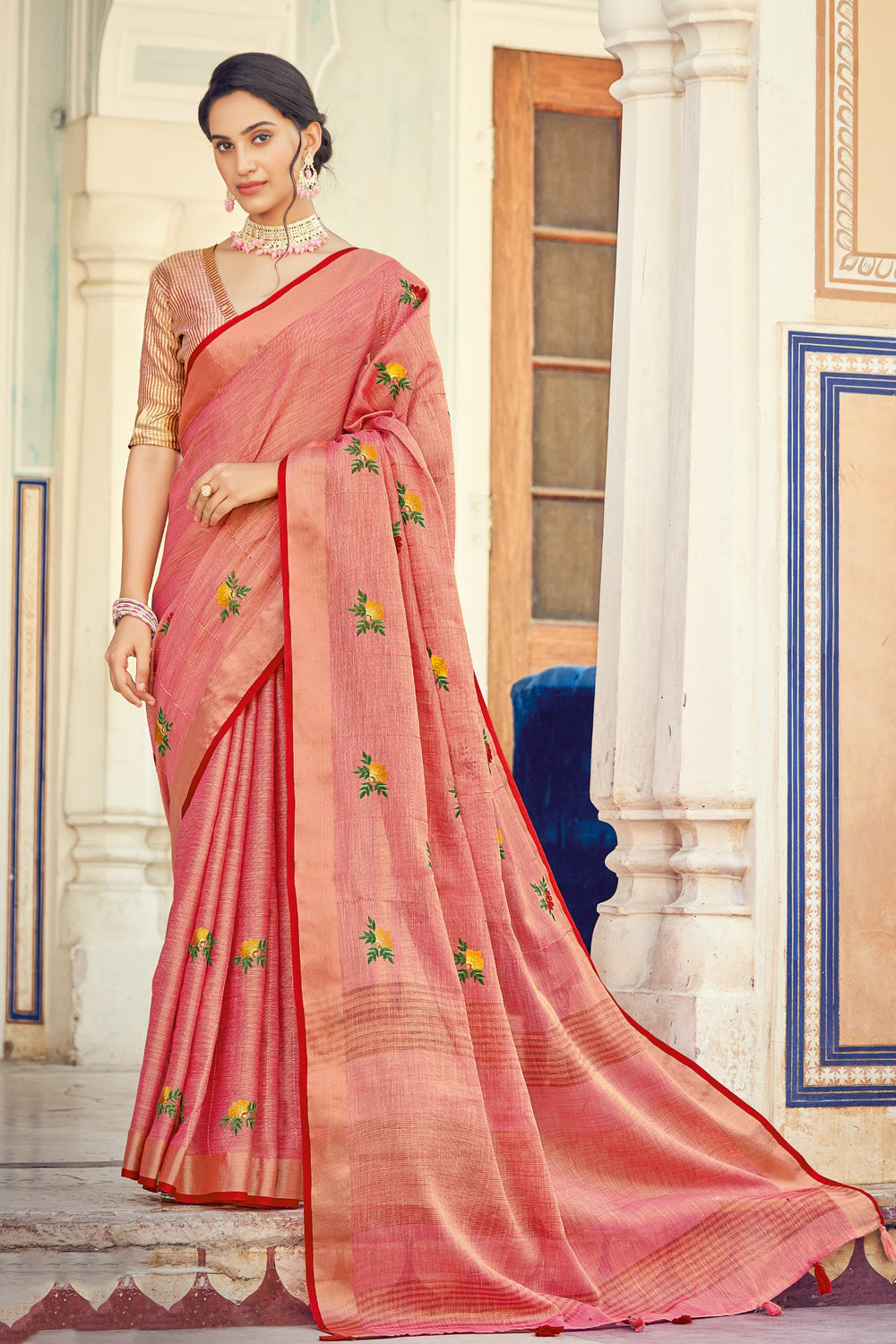 Peach Linen Saree With Weaving &amp; Embroidery Work