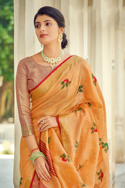 Light Orange Linen Saree With Weaving &amp; Embroidery Work