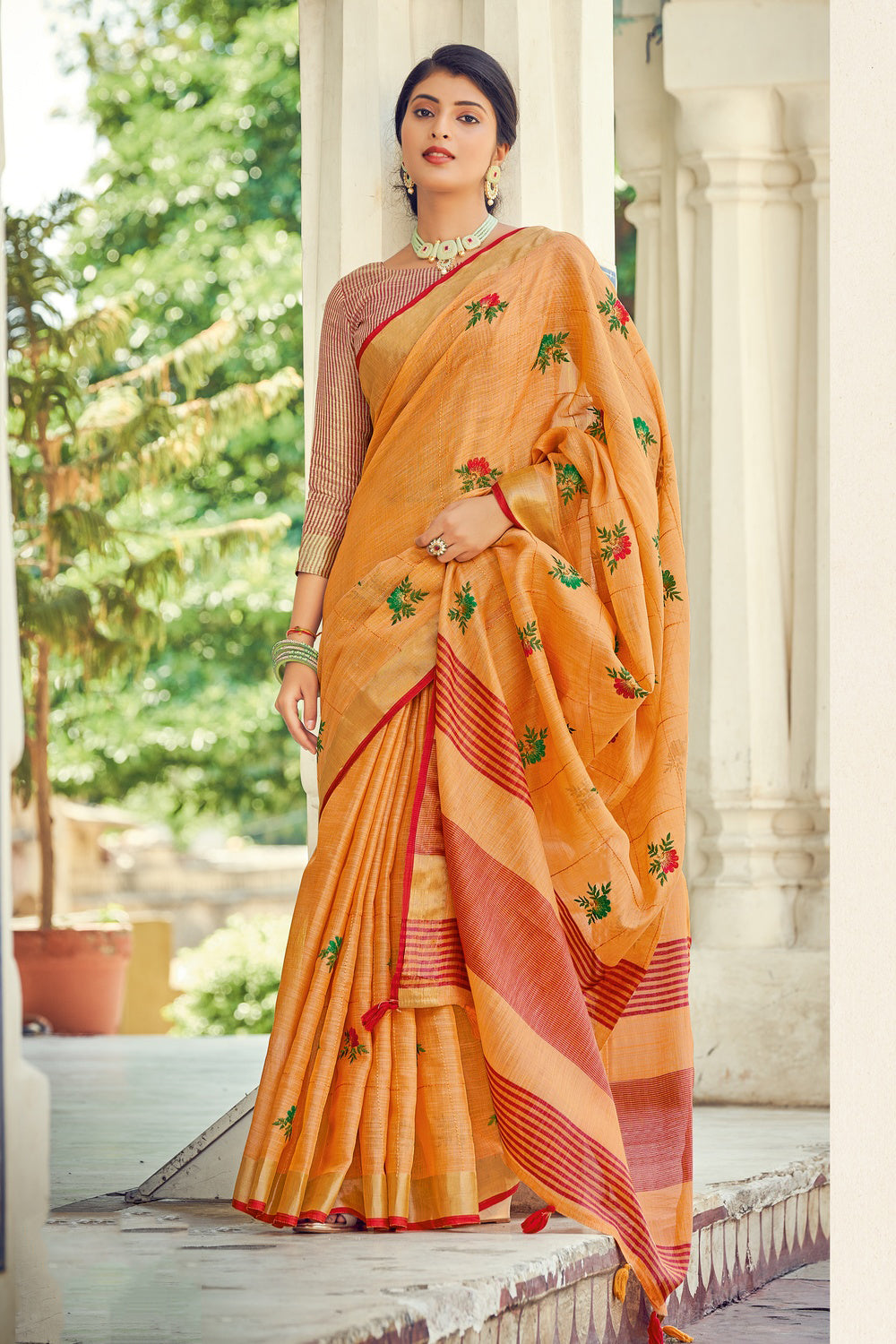 Light Orange Linen Saree With Weaving &amp; Embroidery Work