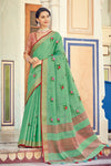 Seafoam Green Linen Saree With Weaving & Embroidery Work