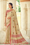 Cream Linen Saree With Weaving & Embroidery Work