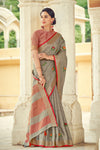 Light Grey Linen Saree With Weaving & Embroidery Work