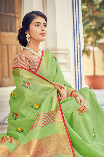 Light Green Linen Saree With Weaving &amp; Embroidery Work