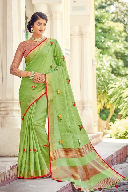 Light Green Linen Saree With Weaving &amp; Embroidery Work