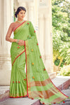 Light Green Linen Saree With Weaving & Embroidery Work