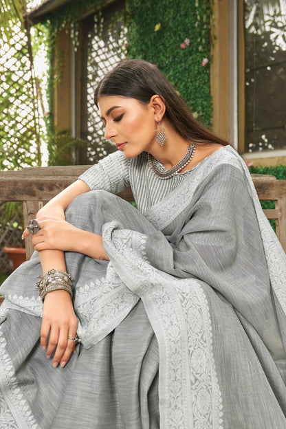 Gray Linen Saree With Weaving Work