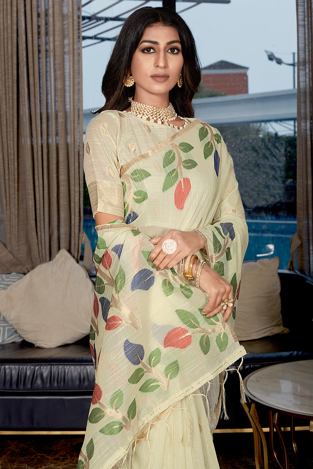 Cream Linen Silk Saree With Weaving &amp; Printed Work