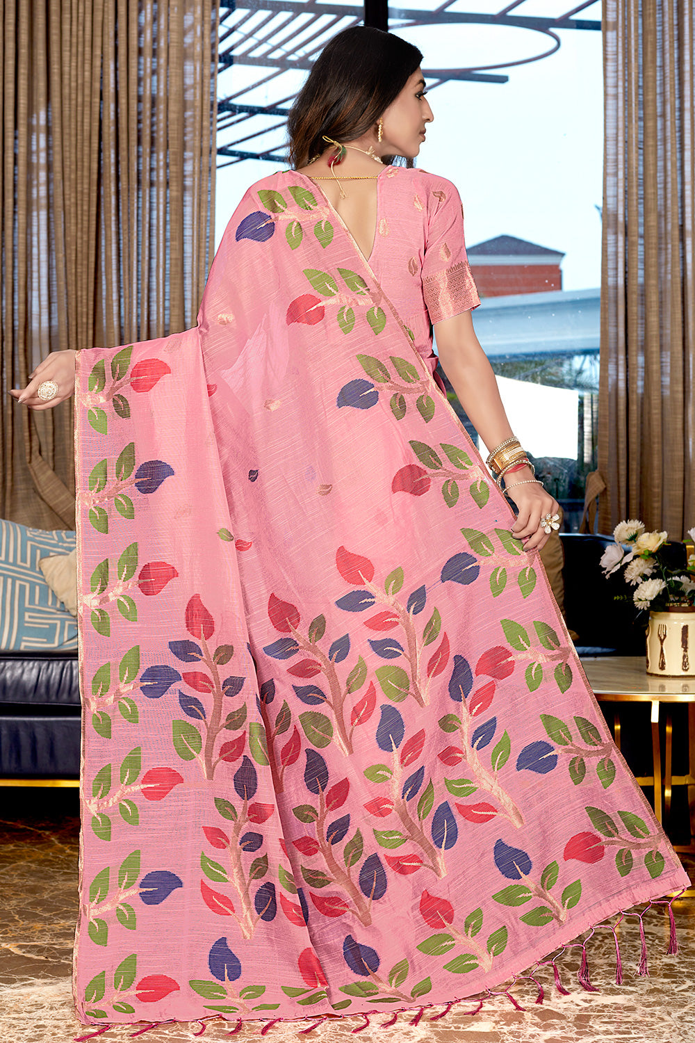 Pink Linen Silk With Weaving &amp; Printed Saree