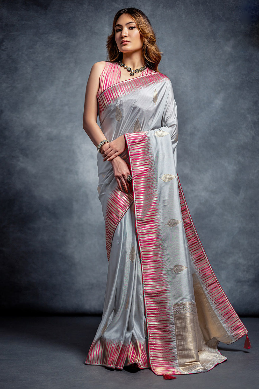 Gray Colour Silk Zari Weaving Saree With Blouse