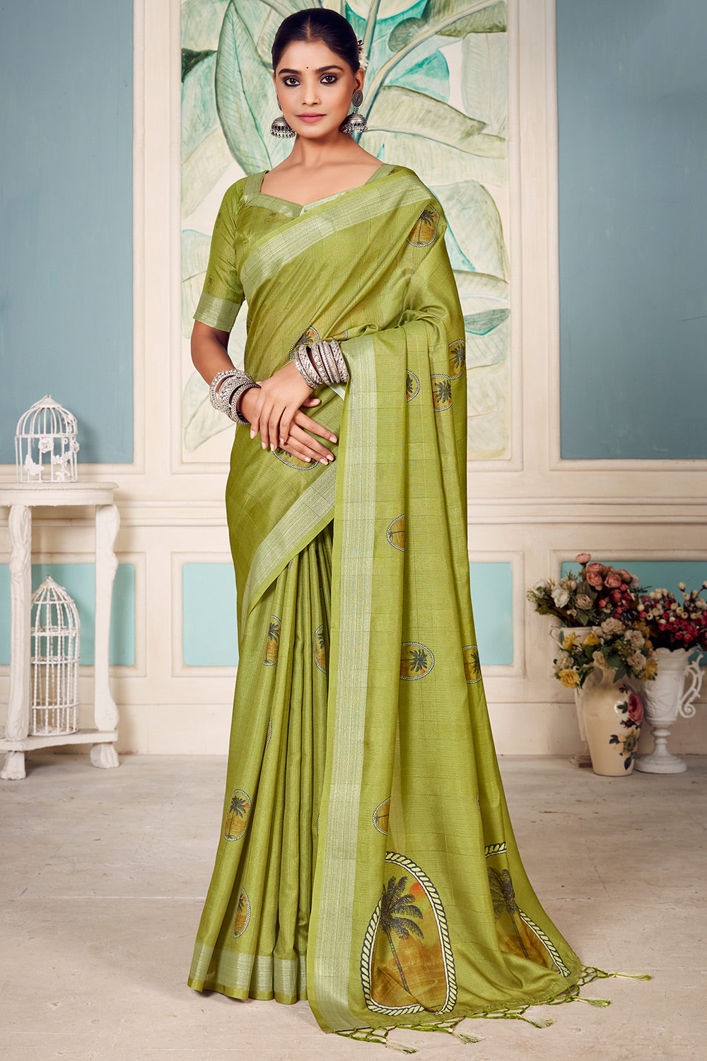 Olive Green Soft Cotton Saree With Jacquard Weaving Work