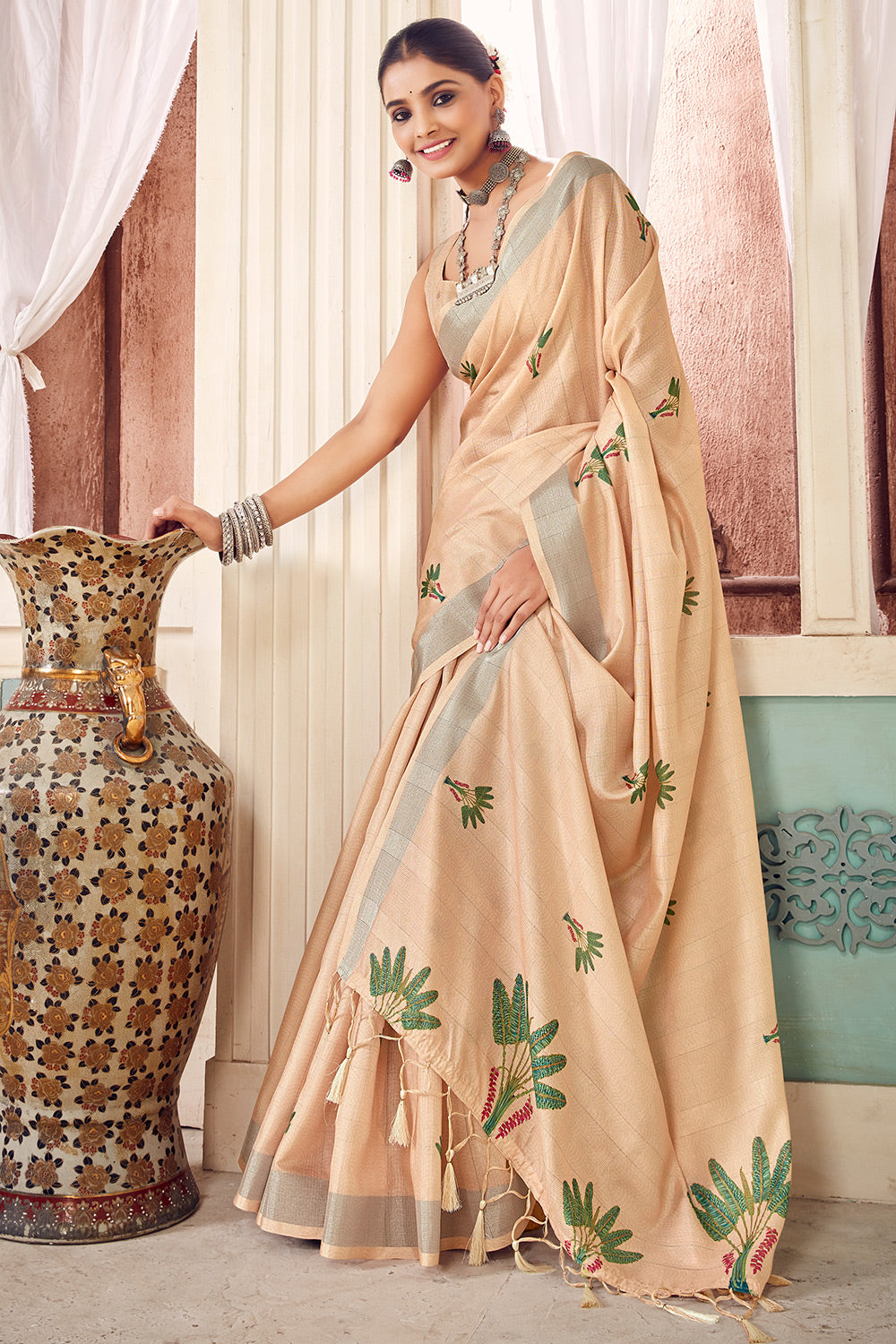 Beige Color Soft Cotton Saree With Jacquard Weaving Work