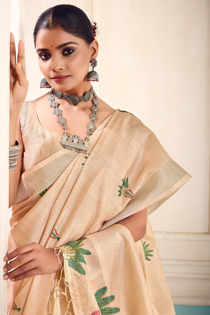 Beige Color Soft Cotton Saree With Jacquard Weaving Work