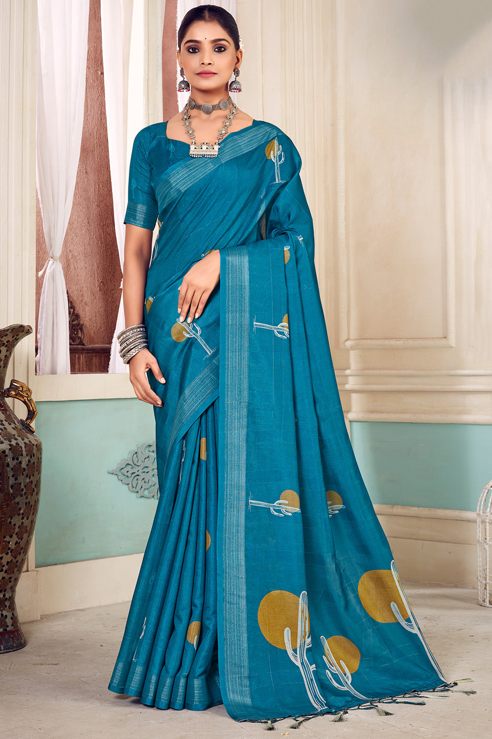 Rama Blue Soft Cotton Saree With Jacquard Weaving Work