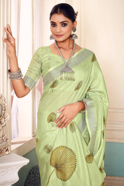 Pista Green Soft Cotton Saree With Jacquard Weaving Work