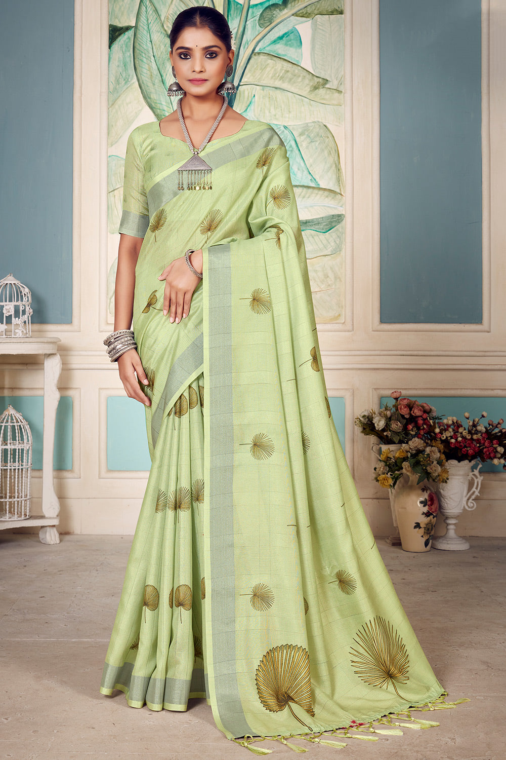 Pista Green Soft Cotton Saree With Jacquard Weaving Work