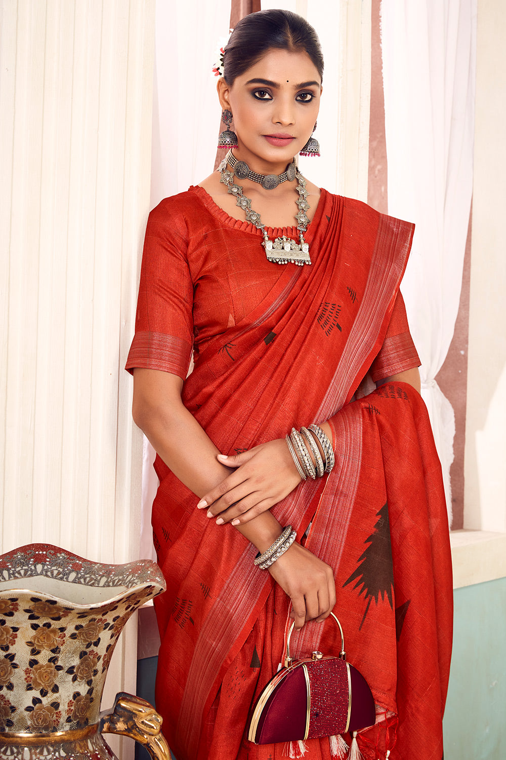 Red Soft Cotton Saree With Jacquard Weaving Work