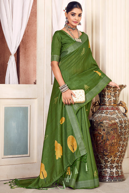 Green Soft Cotton Saree With Jacquard Weaving Work