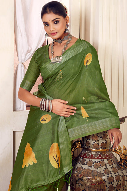 Green Soft Cotton Saree With Jacquard Weaving Work