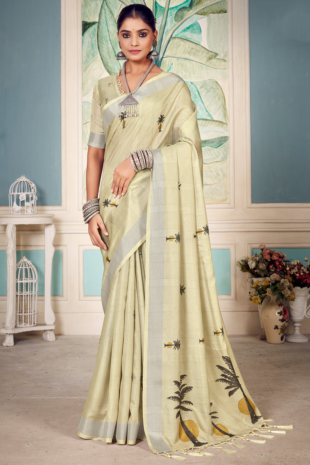 Oyster Yellow Soft Cotton Saree With Jacquard Weaving Work