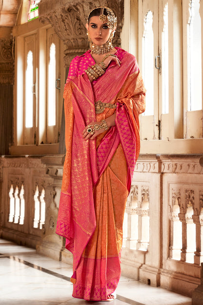Orange Banarasi Silk Saree With Zari Weaving Work