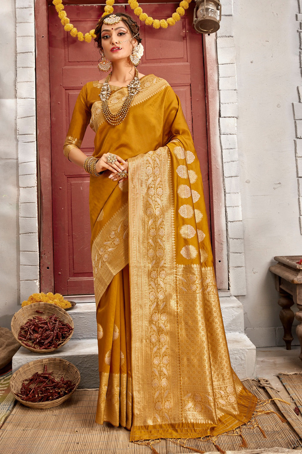 Mustard Yellow Banarasi Silk Saree With Weaving Work