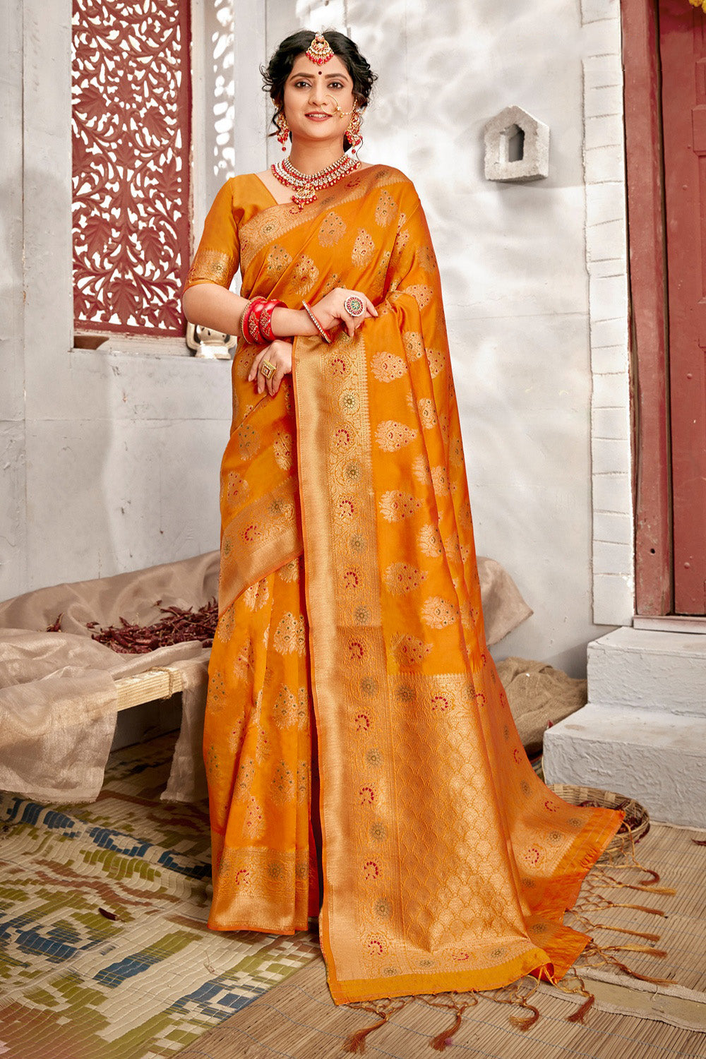 Honey Orange Banarasi Silk Saree With Weaving Work