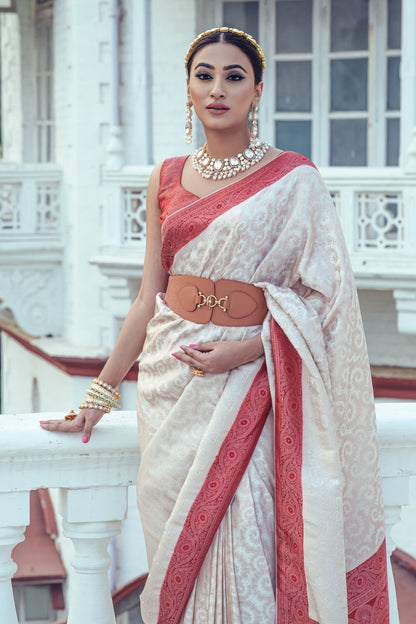 Off White &amp; Maroon Satin Silk Saree With Weaving