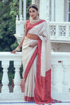 Off White & Maroon Satin Silk Saree With Weaving