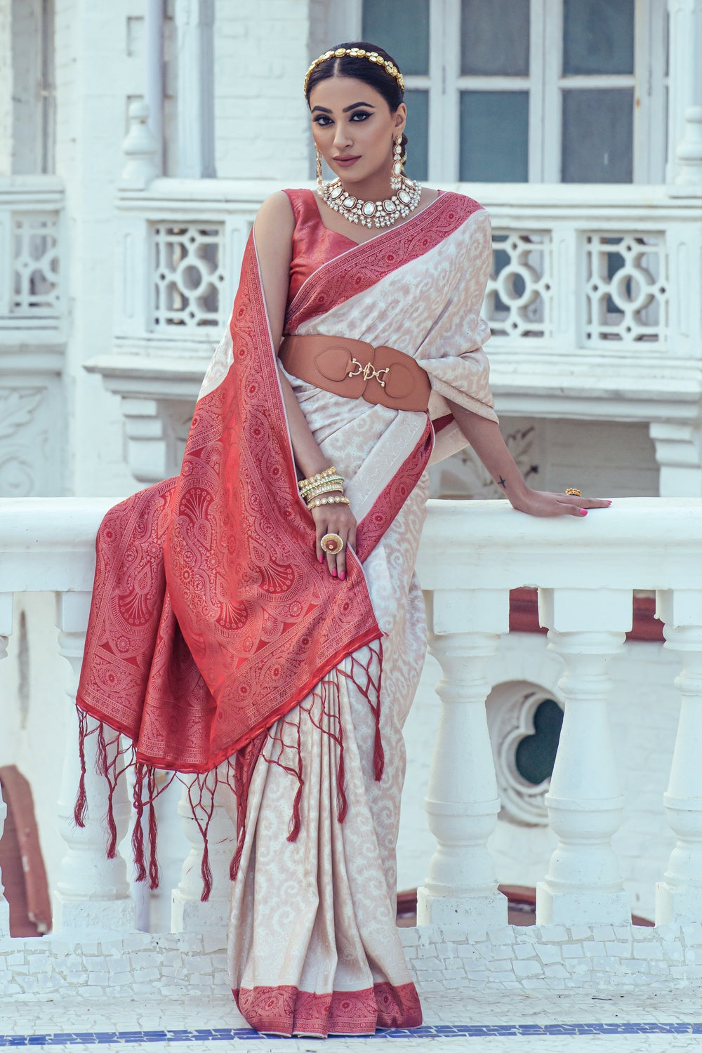 Off White &amp; Maroon Satin Silk Saree With Weaving