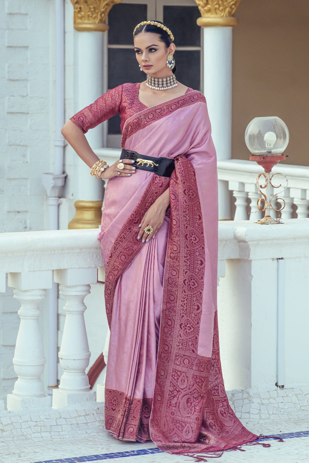 Pink Satin Silk Saree With Weaving Work