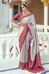 Light Grey & Maroon Satin Silk Saree With Weaving