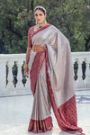 Light Grey & Maroon Satin Silk Saree With Weaving