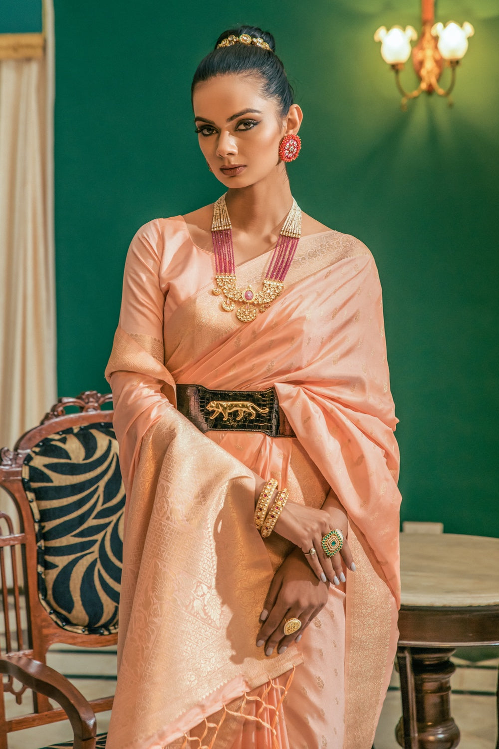 Peach Soft Silk Saree With Weaving Work
