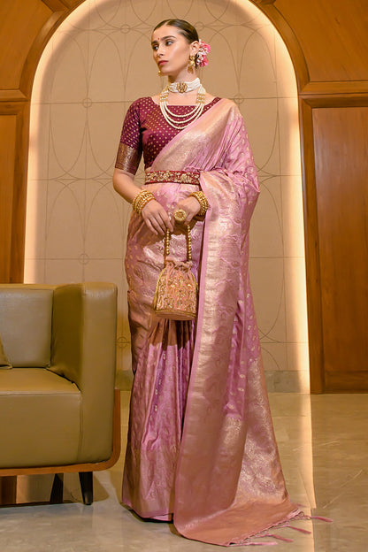 Charm Pink Banarasi Silk Saree With Weaving Work